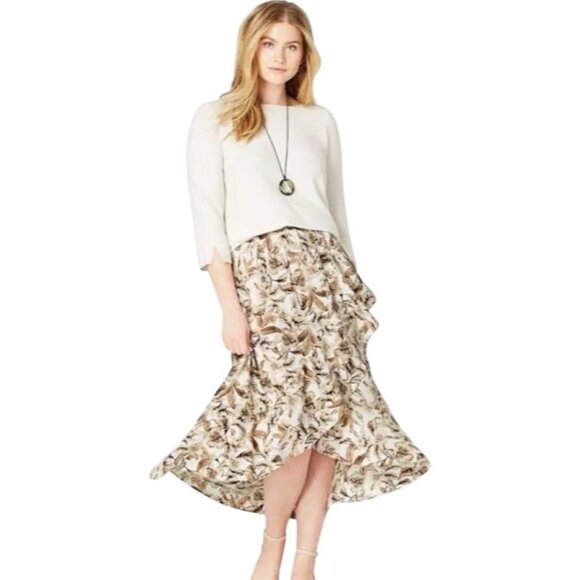 J Jill Creme Brown Floral Skirt Size Medium Hi Low Midi Faux Wrap Elastic Waist - Picture 1 of 15